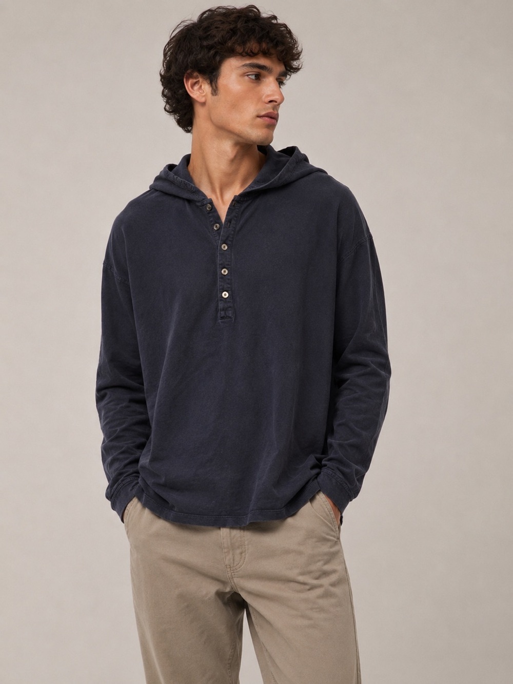 Eddie Bauer Navy Cotton Hooded Henley Shirt Men’s Size XL